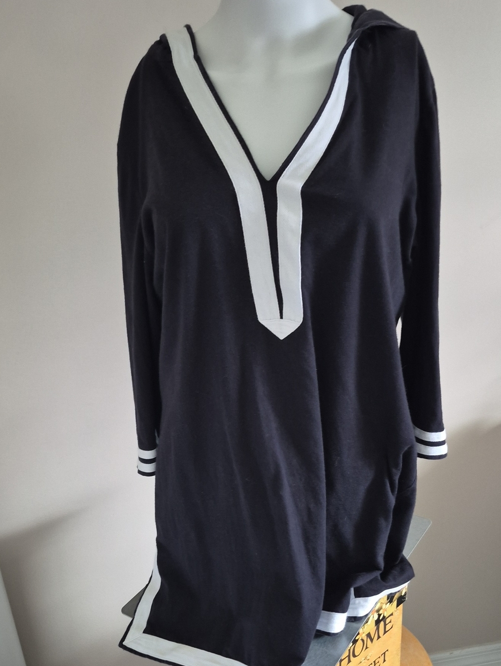 Black Tunic Hoodie with White Trim - Women